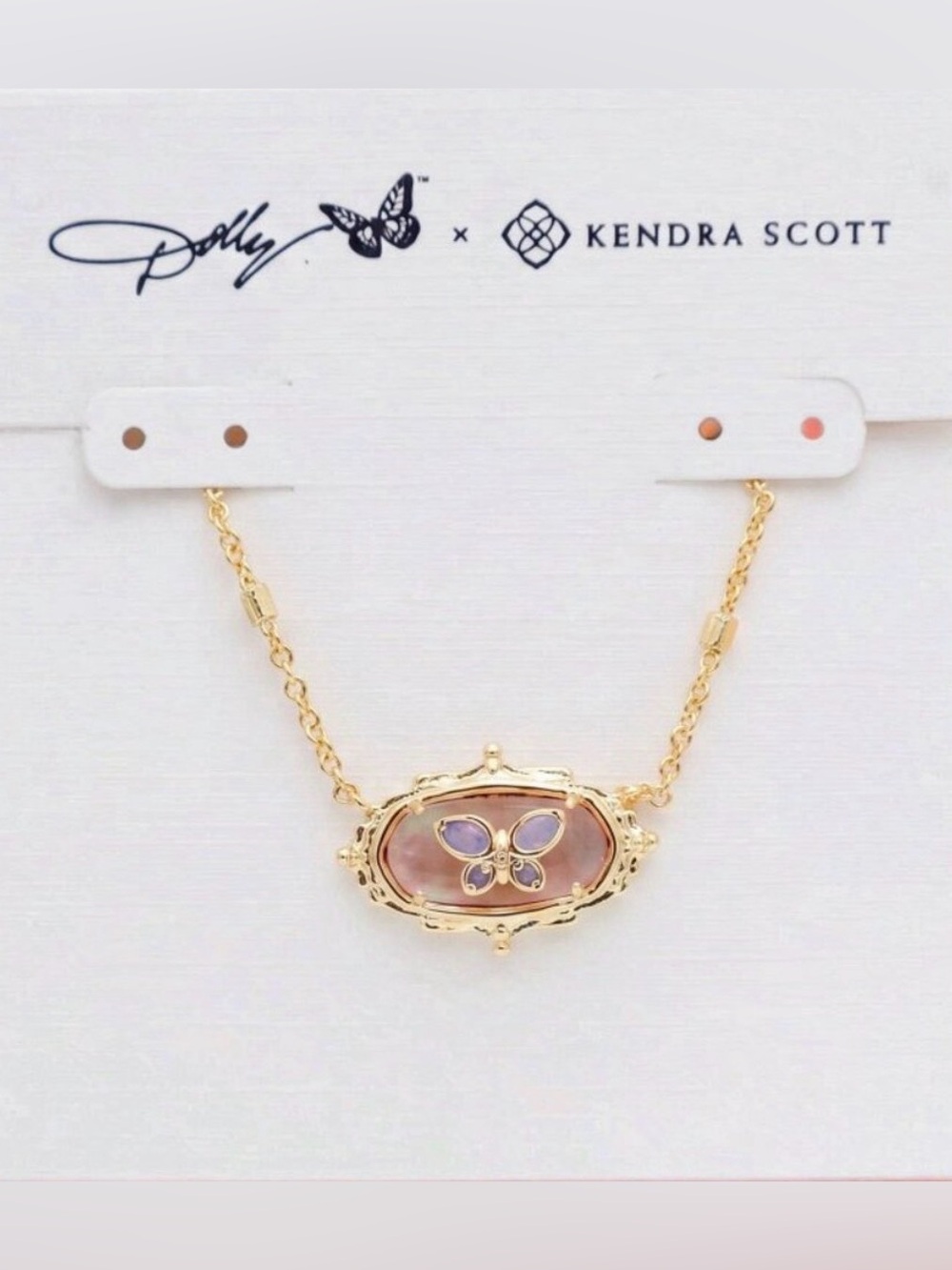 💕Dolly Parton/Kendra Scott Gold Butterfly Pendant Necklace with Pink Inlay